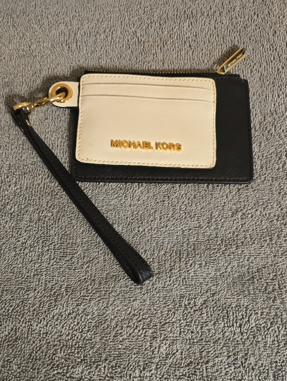 Michael Kors Black and Cream Cardholder Wristlet with Gold Logo